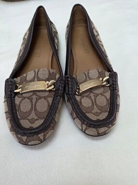 Coach Tan and Dark Brown Signature Canvas Loafers with Gold Plaque